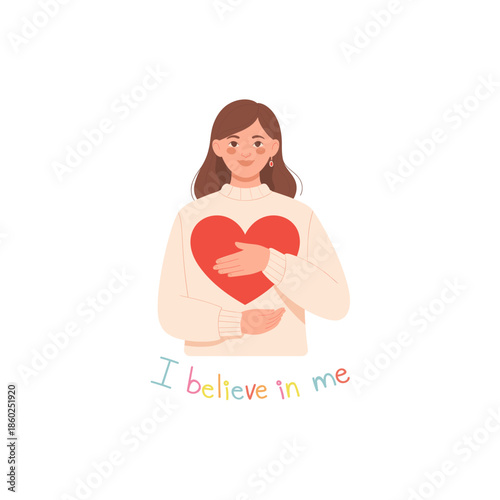 Mental Health and Self-Care Concept: Beautiful Woman Hugging Herself with Hearts and Positive Affirmations for Self-Love and Wellbeing