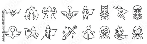 Super woman icon set in thin line style