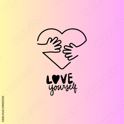 Mental Health and Self-Care Concept: Beautiful Woman Hugging Herself with Hearts and Positive Affirmations for Self-Love and Wellbeing