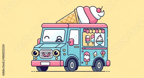 Fototapeta Colorful Cartoon Ice Cream Truck Illustration.