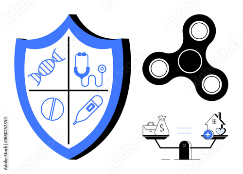 Healthcare protection. Shield displaying DNA, stethoscope, and medicine symbols s healthcare protection. Balancing costs financial aspects of healthcare protection. Ideal for insurance, medical