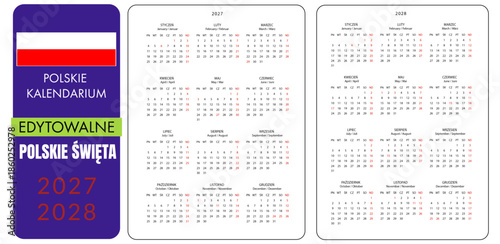 Kalendarz roczny na 2027, 2028, polski, kalendarium, polskie święta, edytowalny, szablon, planer
