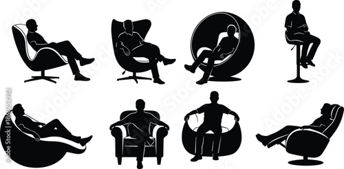 Set of sitting men silhouettes on modern furniture, interior design elements, architectural scale, cad drawing flat vector illustration.