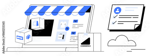Digital storefront featuring product cards, a striped virtual awning, shipping boxes, and a digital order checklist. Ideal for e-commerce, logistics, order management, digital retail, marketing