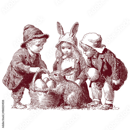 Vintage Easter illustration of children in period clothing collecting Easter eggs, drawn as a nostalgic 19th century ink engraving with fine cross-hatched detail. Vector