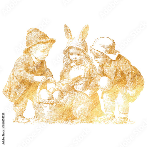 Vintage Easter illustration of children in period clothing collecting Easter eggs, drawn as a nostalgic 19th century ink engraving with fine cross-hatched detail. Vector