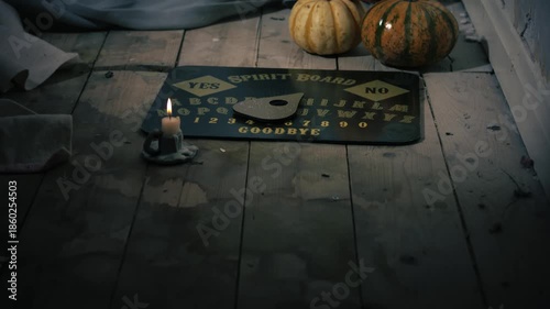 Spirit board with smoke candles and pumpkins in abandoned house