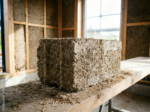 
Sustainable hempcrete building block made of hemp fibers and lime sitting on wooden scaffold at construction site