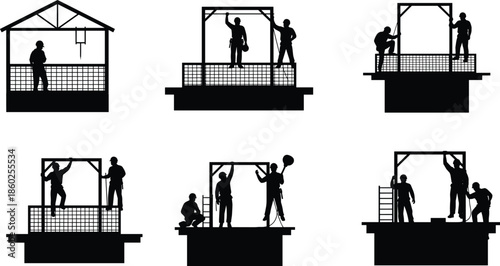 Construction workers silhouette, teamwork on scaffolding, assembling steel framework, industrial site, safety gear, building structure, engineering labor, architectural progress, outdoor work