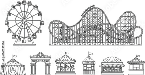 Amusement park attractions line icons set featuring ferris wheel roller coaster carousel circus tent ticket booth vector illustration