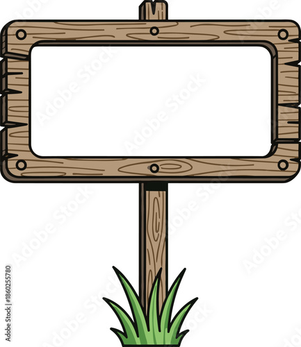 Blank wooden signboard illustration with rustic frame and grass isolated on white background for directions information vector design