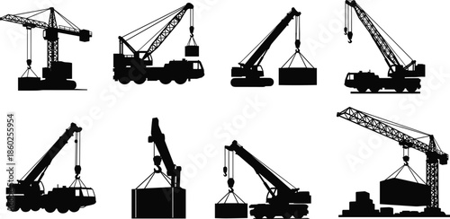 Crane silhouettes, tower crane, mobile crane, crawler crane, lifting load, construction machinery, black outline, industrial equipment, site work, logistics