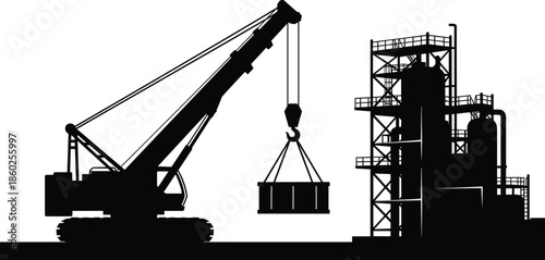 Crawler crane lifting container, industrial plant silhouette, construction machinery graphic, heavy equipment vector, black infrastructure illustration