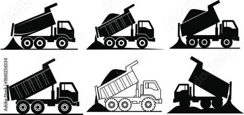 Dump truck silhouettes, unloading soil, construction vehicle, black outline, industrial transport, gravel pile, heavy machinery, site work, dumping action, equipment