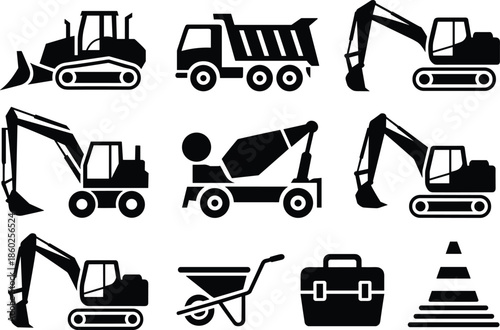 Construction machinery icon set with excavator bulldozer dump truck concrete mixer and tools flat black vector illustration