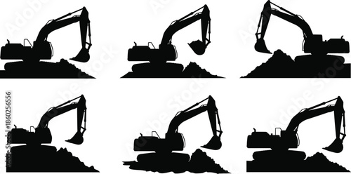Excavator silhouettes, construction machinery, heavy equipment, digging action, industrial scene, black outline, dirt piles, engineering tools, earthmoving, site work