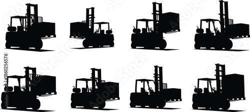 Forklift silhouettes, material handling, logistics equipment, lifting boxes, industrial transport, black outline, warehouse work, cargo movement, machinery, construction