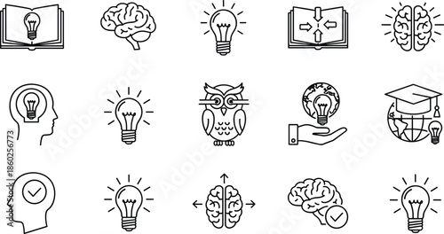 Creative thinking and learning line icon set with brain book light bulb wisdom education knowledge flat vector illustration