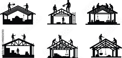 House construction silhouettes, roof framing, worker teamwork, suspended bucket, building materials, black outline, site labor, posture, gear, tools