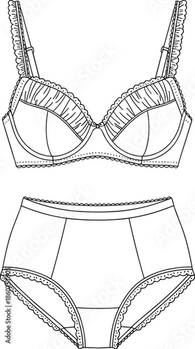 Elegant women lingerie set illustration featuring lace bra and panties front view fashion underwear outline vector design