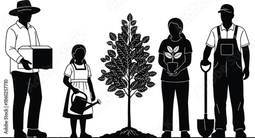 Family gardening silhouettes planting tree with farmers adults and child eco nature teamwork black vector illustration set
