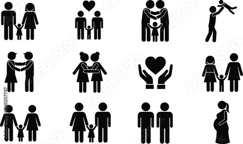 Family relationships silhouette icons set showing parents children love care adoption pregnancy togetherness vector illustration collection