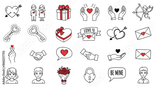 A charming collection of hand-drawn doodle icons representing love, romance, and affectionate sentiments for special occasions and heartfelt designs