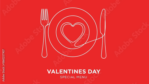 Elegant continuous line art of a heart-shaped dinner setting for a Valentine's Day special menu on a vibrant red background, perfect for romantic culinary promotions