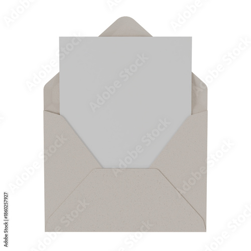 3d render open cream paper envelope with blank white card. Minimalist mockup for invitation, wedding, or greeting card