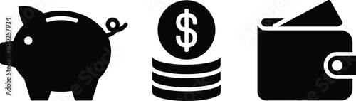 Finance and savings icon set with piggy bank wallet and dollar coins flat black vector illustration collection