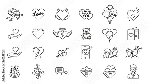 Minimalist line art icons depicting various aspects of love, romance, and Valentine's Day, including hearts, couples, gifts, and celebration elements