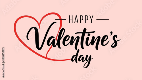Romantic celebration graphic for Valentine's Day, featuring elegant black typography and a prominent red heart outline on a delicate pink background
