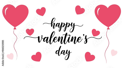 Elegant Happy Valentine's Day greeting card design featuring floating heart balloons and charming decorative elements on a clean white background, perfect for expressing love