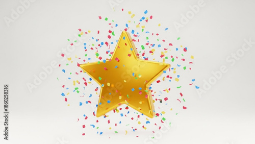 Golden star with colorful confetti on white background, symbolizing celebration and achievement in a festive atmosphere