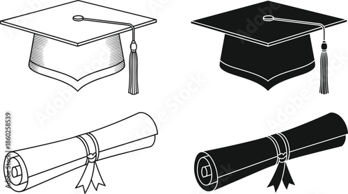 Graduation cap and diploma icon set in outline and solid styles education achievement flat vector illustration collection