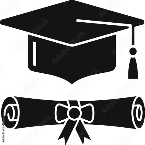 Graduation cap and diploma scroll silhouette icon representing education success academic achievement ceremony vector illustration design