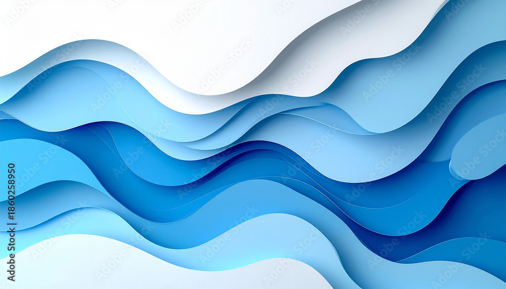 Fototapeta premium 青い波背景-中央濃色の3Dペーパーカット