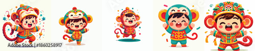 Vector of a child wearing a monkey zodiac costume. Vector, minimalist, illustration, icon set.