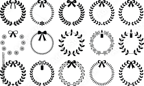 Laurel wreath and floral frame collection with bows leaves and decorative elements flat black vector icons set