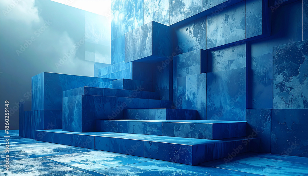 Naklejka premium 青い階段状の立体構造が光に向かう3D抽象空間