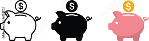 Piggy bank savings icon set in outline solid and colored styles finance money deposit flat vector illustration