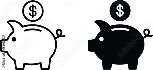 Piggy bank savings icons in outline and solid styles with dollar symbol finance money flat vector illustration set