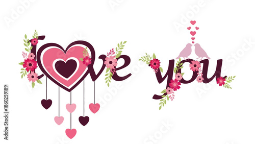 Elegant romantic 'Love You' graphic with intricate hearts, blooming flowers, and loving birds, perfect for heartfelt messages and special occasions