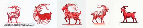 Red outline vector of the goat zodiac. Vector, minimalist, illustration, icon set.