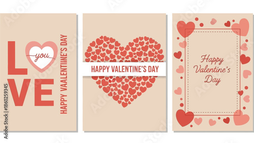 Collection of three elegant flat vector Valentine's Day greeting cards adorned with hearts and romantic typography, perfect for celebrating love and heartfelt connections