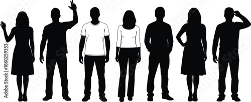 Standing people silhouettes group with men and women different poses casual lifestyle black human figures vector illustration