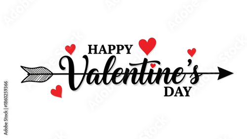 Romantic 'Happy Valentine's Day' greeting typography with a decorative cupid's arrow and charming red hearts, perfect for expressing love and affection on this special occasion