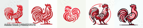 Red outline vector of rooster zodiac sign. Vector, minimalist, illustration, icon set.