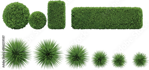Top view garden bushes and spiky plants collection with round square hedge shapes realistic green landscaping vector illustration