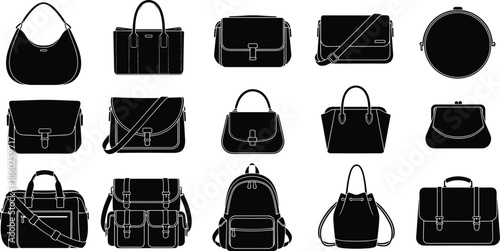 Women handbag and purse silhouette collection with tote shoulder crossbody backpack fashion accessories flat black vector set